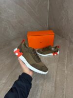 Hermes Bouncing Brown Sneakers, Orange Logo