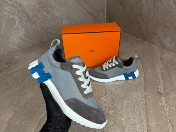 Hermes Bouncing Grey, Blue Logo Sneakers