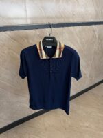 Burberry Check Collar Cotton Polo Shirt Dark Blue