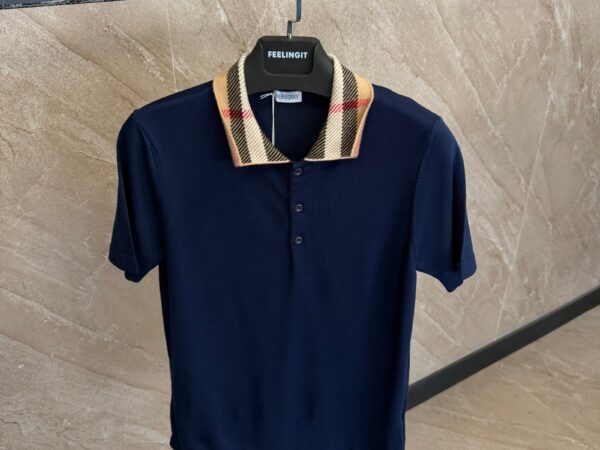 Burberry Check Collar Cotton Polo Shirt Dark Blue