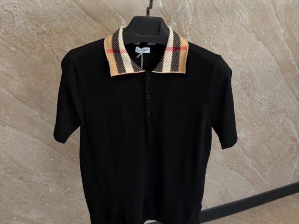 Burberry Check Collar Cotton Polo Shirt Black