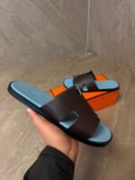 Hermes Izmir Suede Dark Brown / Blue Slippers - Afbeelding 2