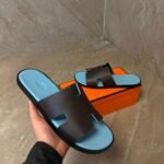 Hermes Izmir Suede Dark Brown / Blue Slippers