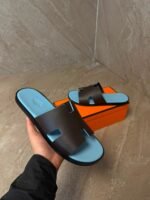 Hermes Izmir Suede Dark Brown / Blue Slippers
