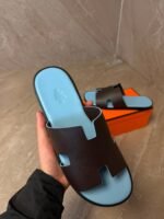 Hermes Izmir Suede Dark Brown / Blue Slippers - Afbeelding 3