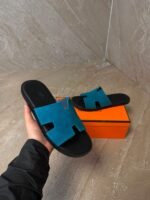 Hermes Izmir Suede Blue Slippers